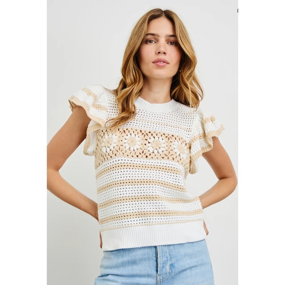 Rails Panelope Crochet Knit Top Ruffle Sleeve Striped Floral Cream‎ Beige Medium - Picture 1 of 13